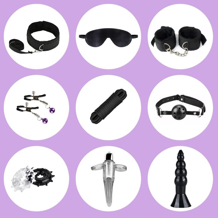 Набір для БДСМ з шкіри, 15 предметів: наручники, маска для очей, мотузки. Для дорослих пар. Чорний колір