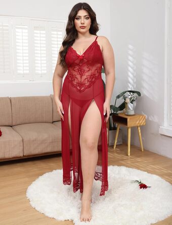 Ідеальна нічна сорочка IBAKOM Dessous з мереживом, V-подібний виріз, нічна сорочка-бабідол з розрізом, великі розміри (червоний, XXL)