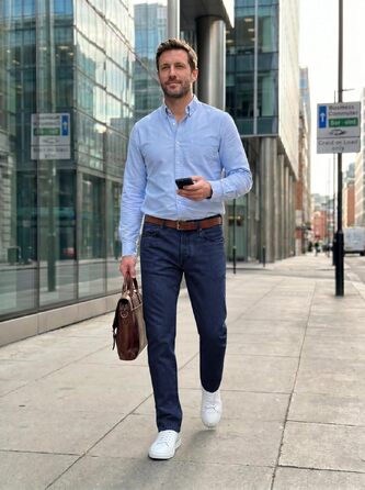 Чоловічі джинси Runcati Slim Fit з бавовни та стрейч, однотонні темно-сині штани для повсякденного та ділового стилю (31W / 30L)