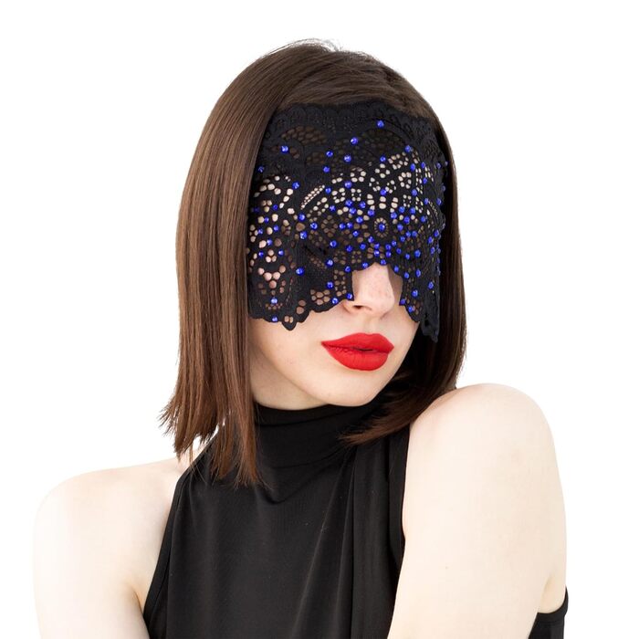 Ручна вишита мереживна маска на обличчя з каміння для жінок, чорна маска для маскараду, балу, карнавалу, весілля, бурлеску, косплею, Марді Гра (чорний колір з блакитними камінцями)