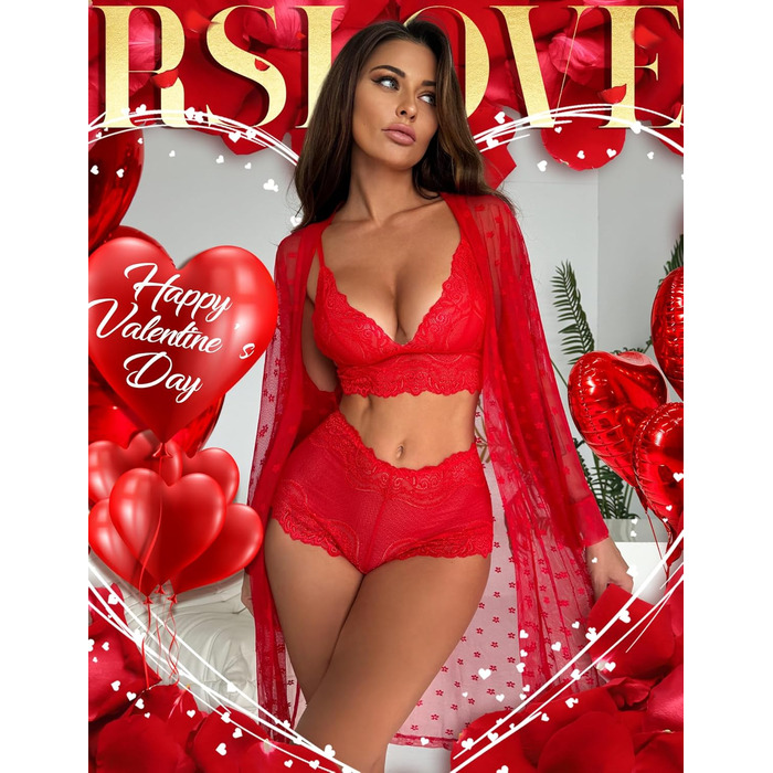 Комплект нижньої білизни RSLOVE для жінок, 3 частини: мереживний кімоно, бюстгальтер та труси, червоний, розмір M