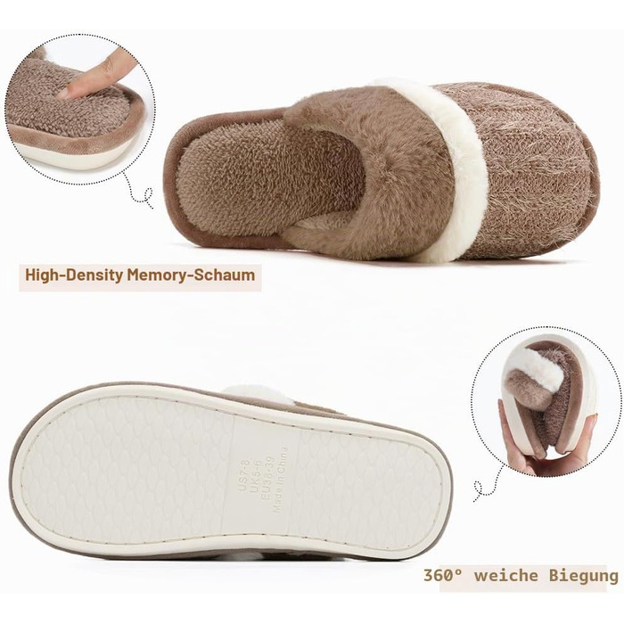 Зимові домашні капці GOEWY для жінок та чоловіків з ефектом пам'яті (Memory Foam), теплі та протиковзкі тапочки-шлепанці, коричневі, розмір 38/39 EU