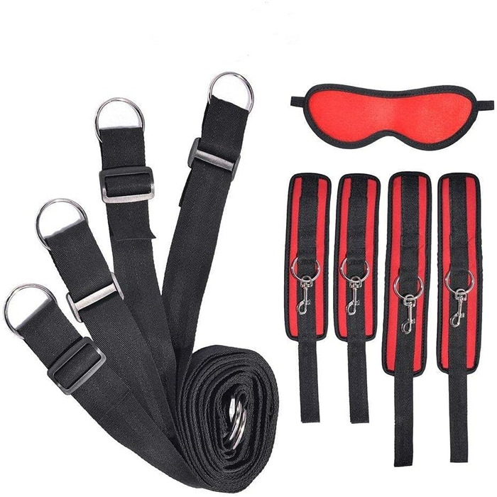 Набір для БДСМ з обмеженням: набір для пар, з кріпленнями для ліжка, наручниками, пов'язкою на очі. Червоний колір