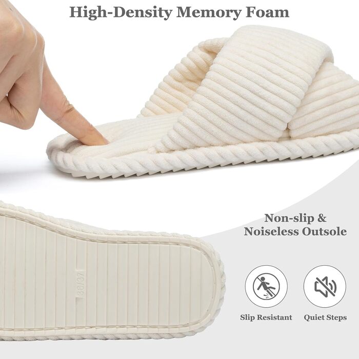 Жіночі домашні капці GOEWY з ефектом пам'яті (Memory Foam), тканинні шлепанці з відкритим носком та бантом, протиковзка підошва, бежеві, розмір 42/43 EU