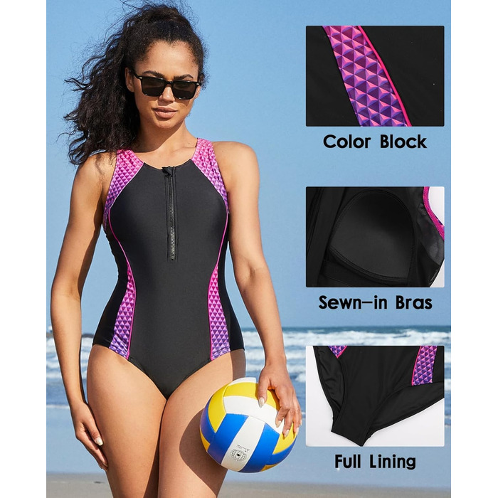 Купальник жіночий Charmo Sport з животом, закритий на блискавку, з чашками, чорний/фіолетовий (S)