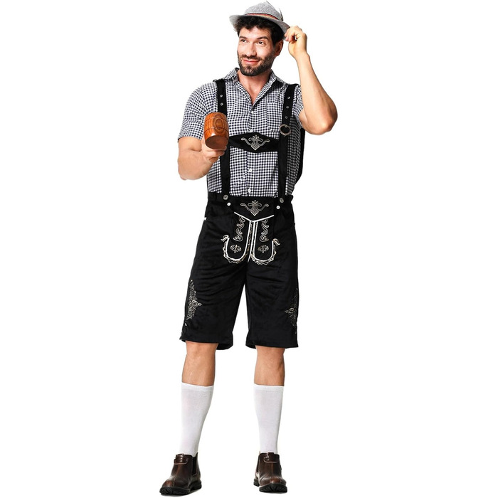 Традиційний костюм для чоловіків RUAOZIA: повний комплект Lederhose, сорочка в керамічному стилі, для Октоберфесту, баварський костюм, свято, вечірка (чорний, XXL)