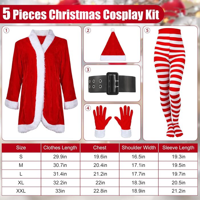 Костюм Діда Мороза для жінок Funtery, 5-частинний комплект: комбінезон, пояс, шапка, смугасті панчохи, рукавички. Жовтогарячий, зелений (червоний/для прогулянок, однотонний, розмір L)