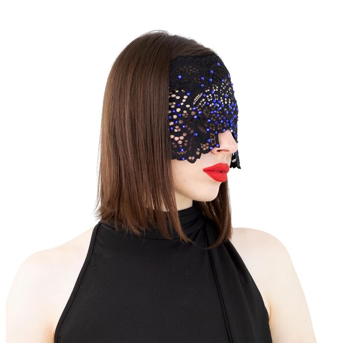 Ручна вишита мереживна маска на обличчя з каміння для жінок, чорна маска для маскараду, балу, карнавалу, весілля, бурлеску, косплею, Марді Гра (чорний колір з блакитними камінцями)