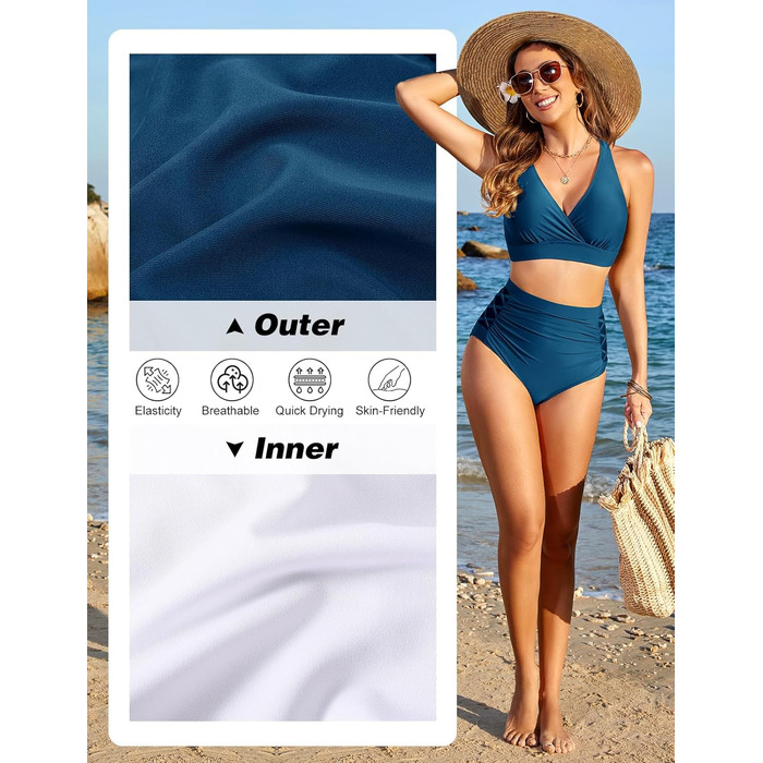 Бікіні CMTOP для жінок: комплект з V-подібним вирізом, push-up, двочастинний, висока талія, ефект живота, для плавання та відпочинку, колір павлиній блакить, розмір S