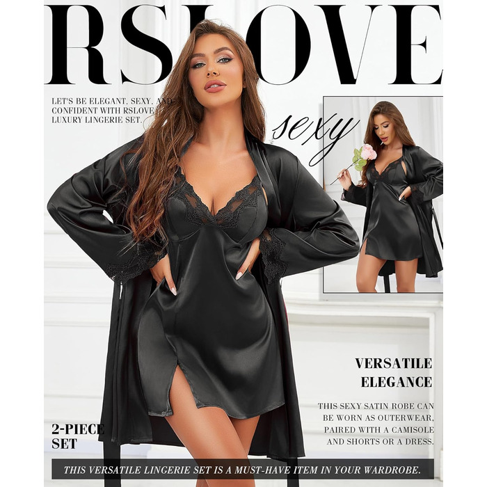 Комплект жіночого шовкового нічного одягу RSLOVE - Сексуальна нічна сорочка з мереживом та халат, 2-частинний комплект чорного кольору