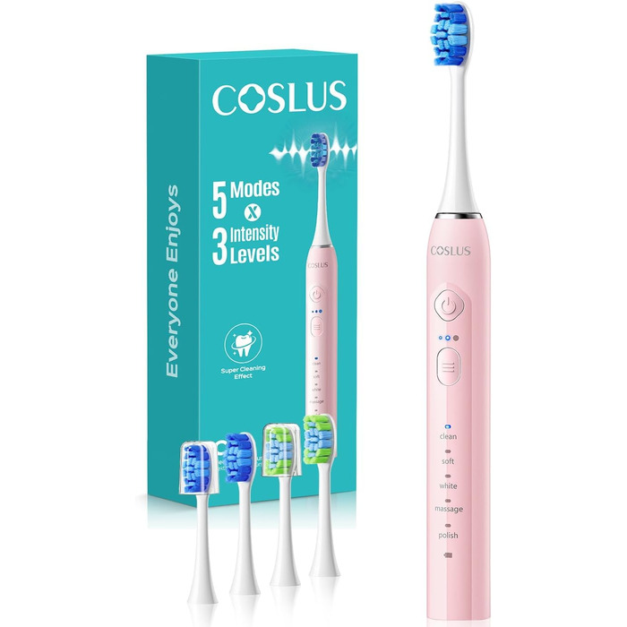 Професійна електрична сонічна зубна щітка COSLUS C30, 5 режимів та 3 рівні інтенсивності, водонепроникна IPX7, акумулятор на 30 днів, 2 типи насадок (U+W), сіро-рожева