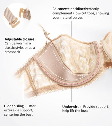 Жіночий бюстгальтер DotVol з прозорої сітки, мереживний балконет, без пуш-апу, 70E, бежевий