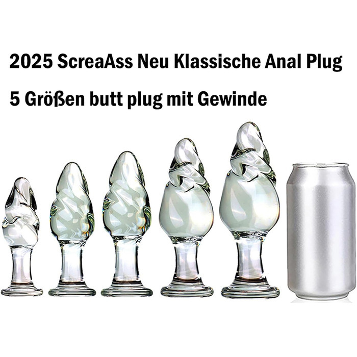 Скляний анальний плагін ScreaAss з спіраллю, набір 5 розмірів (31/35/40/50/60 мм), прозорий, для жінок та чоловіків