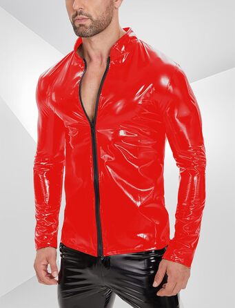 Латексна куртка для чоловіків Ausing з штучної шкіри, сексуальний ефект мокрого вигляду, облягаючий крій, з блискавкою, для танців, вечірок, карнавалу (червоний, XS)