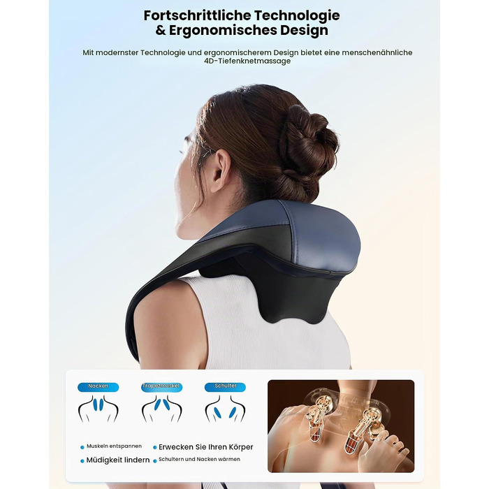 Масажер для шиї та плечей COMFIER 2026 з 4D Shiatsu, бездротовий глибокий масажер з графенним підігрівом для спини, темно-синій