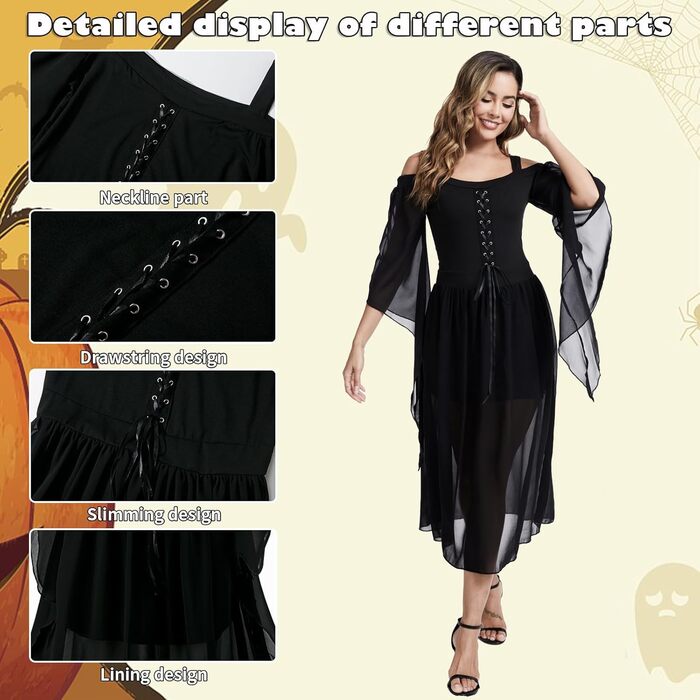 Костюм Ренесанс для жінок: середньовічне плаття з рукавами-трубами, готичне максі, для карнавалу, Хелловіну, вечірки, чорний