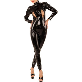 Латексний боді з лакованої шкіри чорного кольору - жіночий костюм-комбінезон, catsuit, латексний повсякденний костюм для клубу, повсякденний боді з довгим рукавом, облягаюча спідниця-легінси, спідня білизна, клубний одяг, костюм котячої жінки з блискавкою спереду, ефект мокрого блиску, костюм з блискавкою