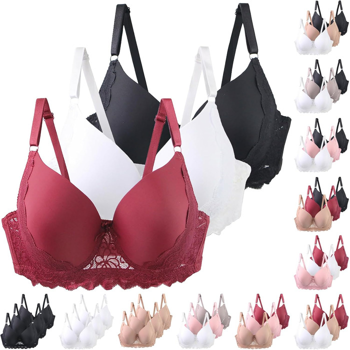 3 шт. комплект бюстгальтерів XCXC для жінок з кісточками, великі розміри 85-115 B/C, Push-Up мереживний бюстгальтер з регульованими бретелями, легкий, дихаючий, комфортний, для щоденного використання та відпочинку (Бежевий+Бордовий+Чорний)