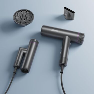 Професійний іонний фен для волосся CONFU 1700W, складаний фен з магнітним дифузором та styling-насадкою, низький рівень шуму, темно-сірий
