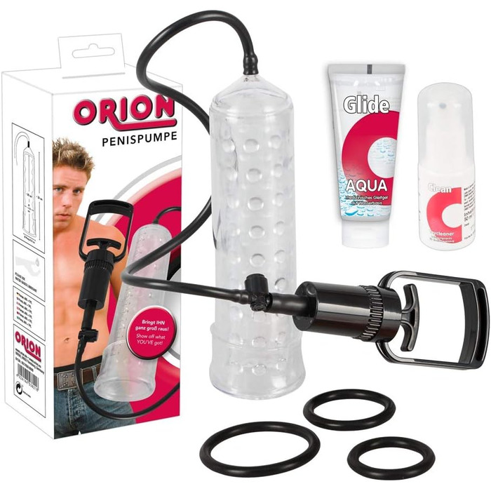Насос для ерекції Orion - інтенсивний вакуумний насос для чоловіків, для тренування потенції, імітація орального сексу, перезаряджається, прозорий/чорний (6-piece set)