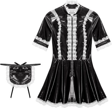 Костюм покоївки Agoky для жінок: лаковане шкіряне міні-плаття з мереживним фартухом, еротична білизна, клубний одяг, чорний, XXL