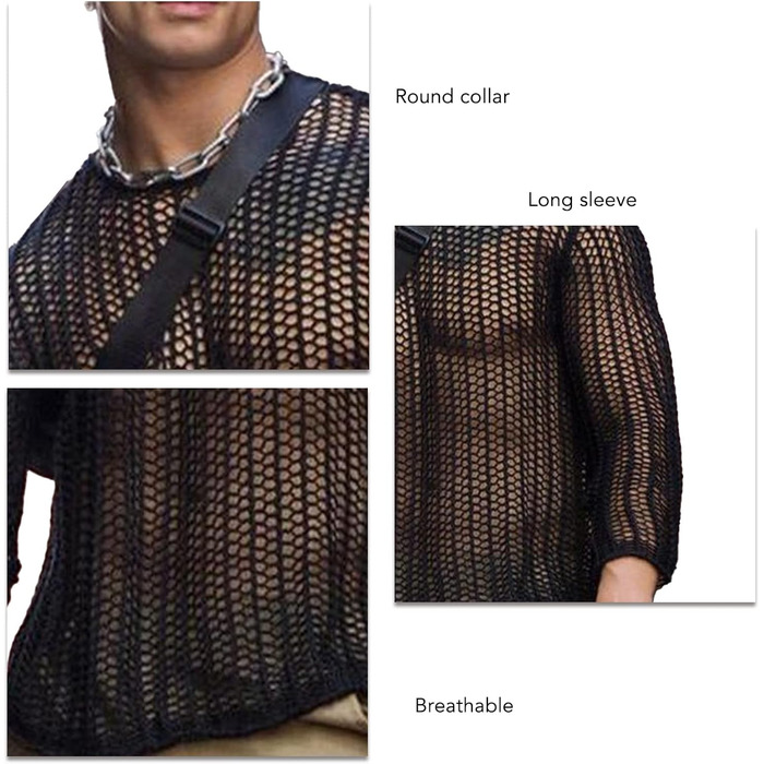 Чоловіча прозора сорочка з довгим рукавом, сітчаста майка, прозоре Т-подібне топа, сексуальна сітка, клубний одяг, еротична білизна, модна блуза, повсякденне вбрання, світшот (XXL-Чорний)