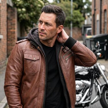 Чоловіча шкіряна куртка Leatherick Premium з натурального ягнячого хутра, з відстібним капюшоном та 7 кишенями, коричнева, розмір XXL