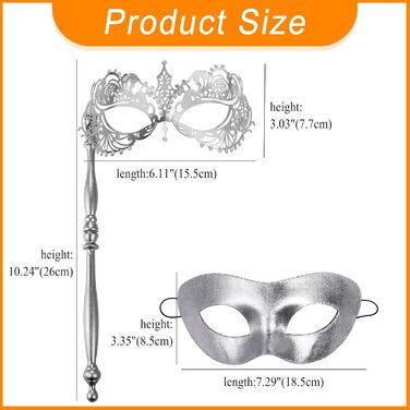 Венеціанська маска для пари JewelryWe з держаком, металева маска з кристалами Swarovski для карнавалу, Хелловіну, вечірки-маскараду (срібна)