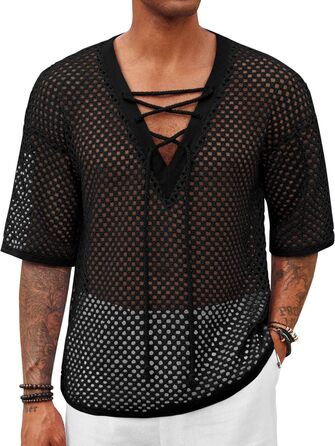 Чоловіча літня сорочка Runcati, шнурівка, V-подібний виріз, напіврукав, в'язана, мереживна, прозора, чорна, розмір L