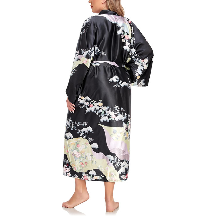 Кимоно халат для жінок, великі розміри, сатин, квітковий принт, чорний, XL