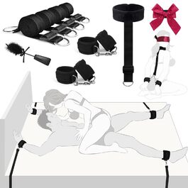 Набір для БДСМ-фетишу: комплект для пар, з наручниками, фіксаторами для ніг, пов'язкою на очі та пір'ям. Регульовані фіксатори від шиї до зап'ястя. Чорний колір.