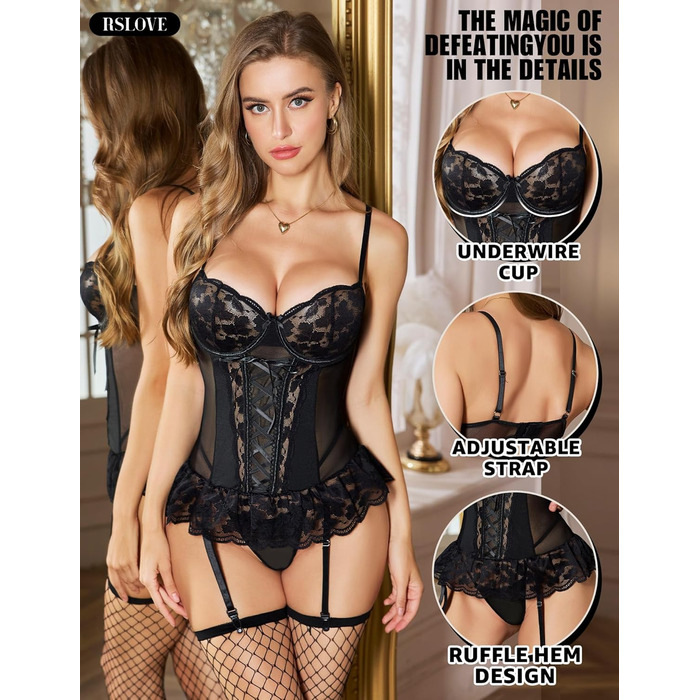 Сексуальна білизна RSLOVE для жінок: бюстгальтер на кісточках з ефектом пуш-ап, регульовані бретелі, фігурна шнурівка та стрінги, чорний колір