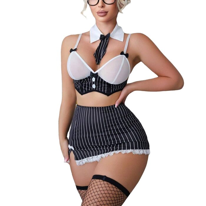 Костюм для косплею «Шкільна дівчинка»: комплект сексуальної білизни з бюстгальтером, смугастим міні-спідничкою та сітчастими панчохами. Костюм секретарки для косплею