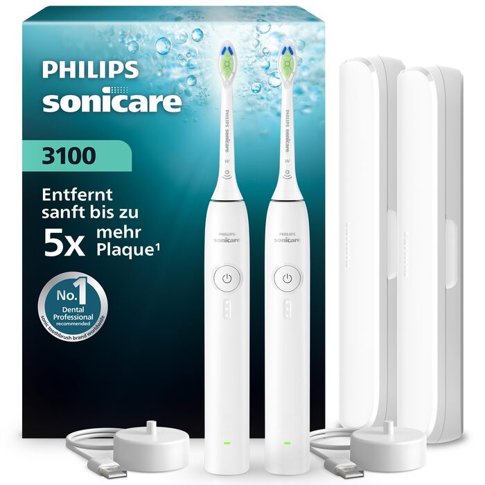 Електрична звукова зубна щітка Philips Sonicare 3100 (HX3675/13), біла, набір з 2 шт. з дорожніми футлярами, контроль натиску та таймер