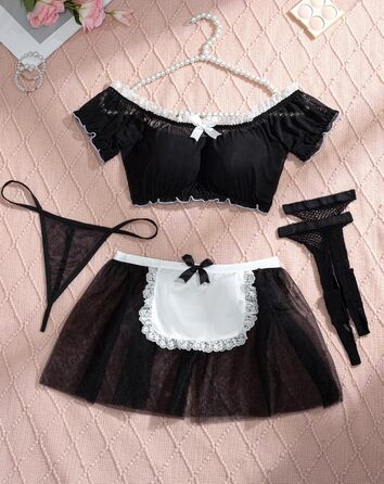 Сексуальна білизна Aranmei для жінок: мереживний комплект, прозорий, для косплею, 4 предмети (з панчохами), чорний, XXL