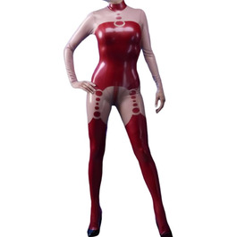 Костюм-комбінезон з прозорого матеріалу та червоної шкіри, з блискавкою спереду, облягаючий, фетиш, клубний, для дорослих, XXL