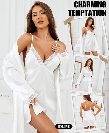 RSLOVE Комплект ніжної сукні та пеньюару з мереживом Daen Satin - сексуальний комплект спідньої білизни (M, білий)