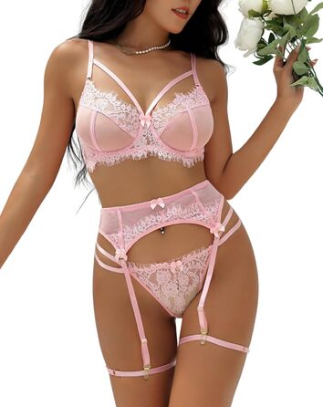 Жіночий комплект спідньої білизни з поясом для панчіх, мереживний, 4-частинний, висока талія, бретельки, без панчіх, рожевий, розмір 36