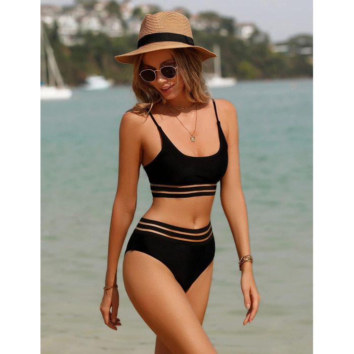 Спортивний двочастинний купальник-бікіні з сіткою для жінок. Push-up, висока талія, чорний.