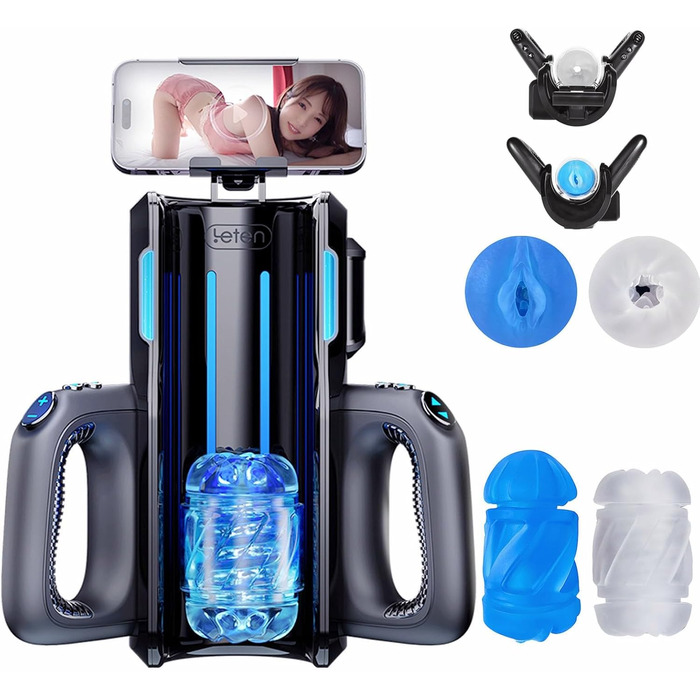 Електричний мастурбатор Leten Cannon King Pro з тримачем для телефону, 2 насадки, подвійні ручки, голосове управління та 10 режимів вібрації. Іграшка для чоловіків