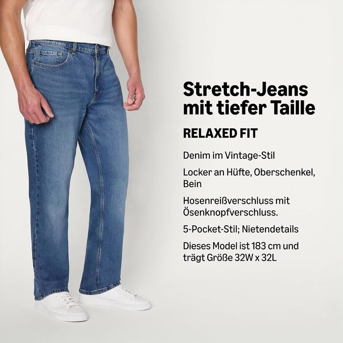 Чоловічі джинси Amazon Essentials Relaxed Fit, класичний середній синій колір, низька розтяжність, 36W / 32L