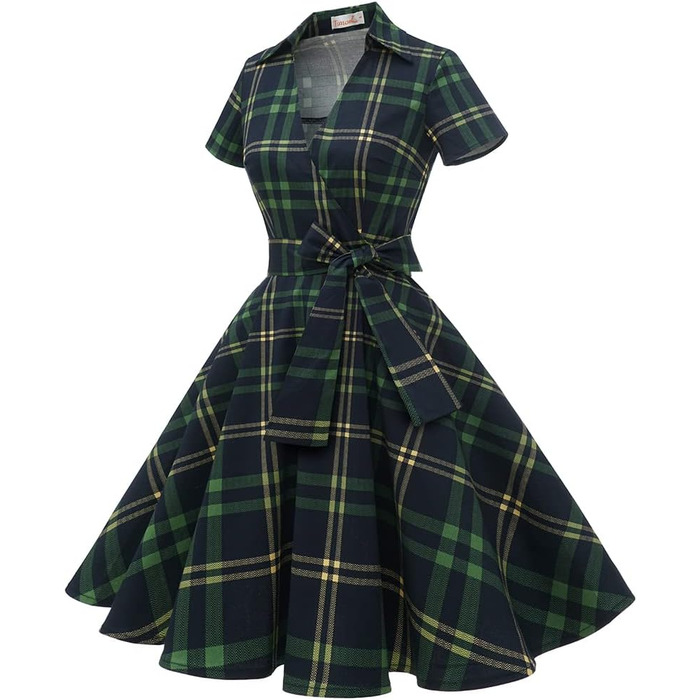 Сукня Rockabilly жіноча V-подібний виріз міді, святкова для весілля, вінтажна коктейльна (3XL, зелена клітинка)
