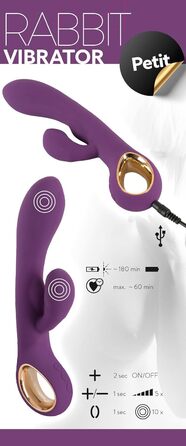 Вібратор You2Toys Rabbit Petit - інтенсивний вібратор G-точки з стимулятором клітора, 10 режимів, ергономічна форма, фіолетовий/золотий, 185г