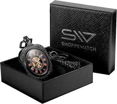 Механічний кишеньковий годинник ShoppeWatch з ланцюжком для чоловіків, ручний завод, прозорий циферблат у стилі стімпанк, чорний