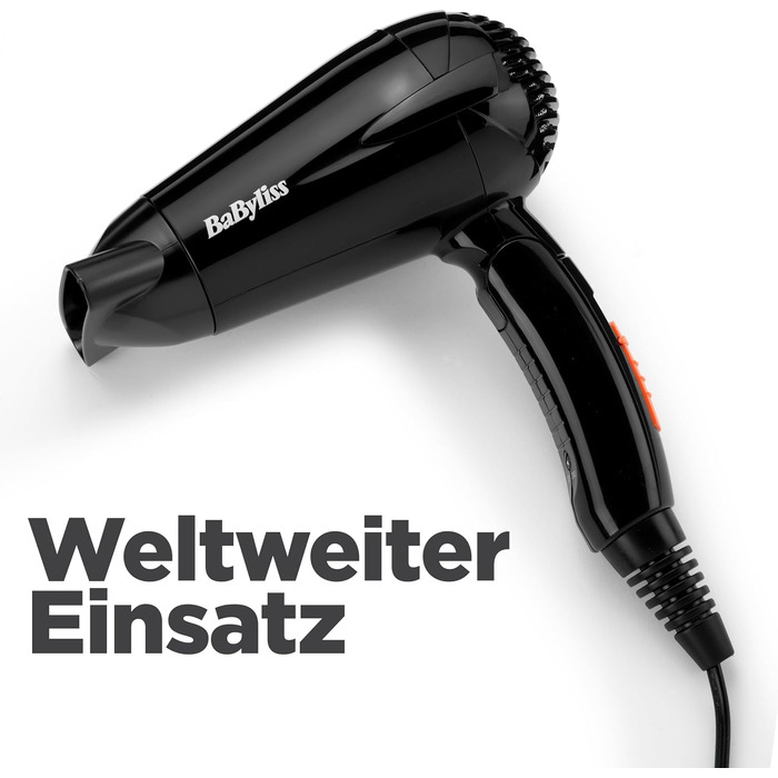 Складаний дорожній фен BaByliss Travel Folding 2000W з універсальною напругою, 2 режими температури та швидкості, чорний/помаранчевий, 5334E