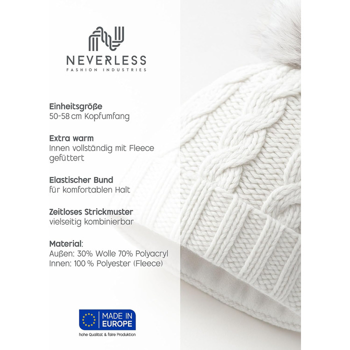 Жіноча зимова в'язана шапка Neverless з флісовою підкладкою та помпоном із штучного хутра, модель 2207, колір Caren Weiss (універсальний розмір)