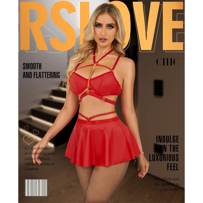 Комплект еротичної білизни RSLOVE з екошкіри (4 предмети): бюстгальтер з кісточками, мініспідниця, нашийник та стринги, червоний, розмір S