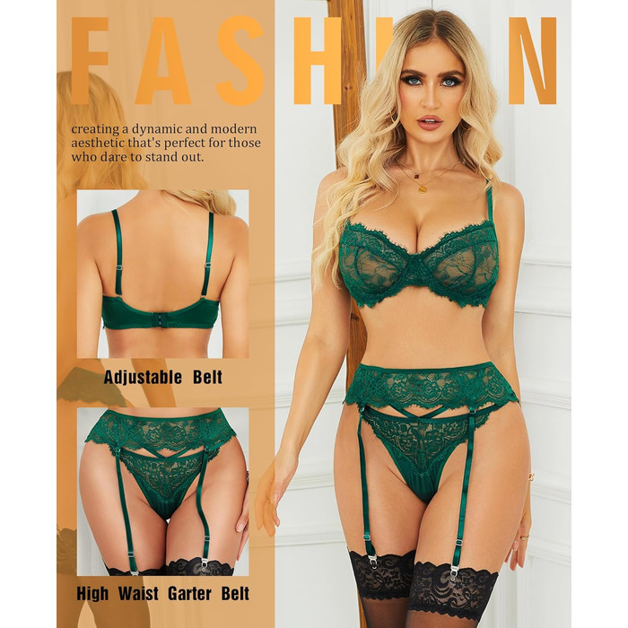 Комплект нижньої білизни RLOVE для жінок: бюстгальтер, трусики, мереживний набір (S, Зелений)