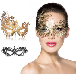 Маска для обличчя MYMENU для пар, жінок, металева, з стразами, венеціанська, для вечірок, весілля, балу (Золотий Фенікс + Чорне мереживо)