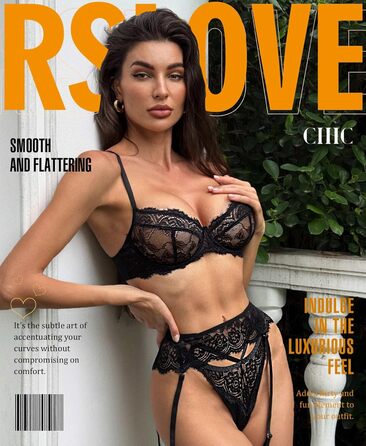 Набір жіночої білизни RSLOVE: мереживний комплект з бюстгальтером, трусиками та мереживною накидками, чорний, розмір XXL